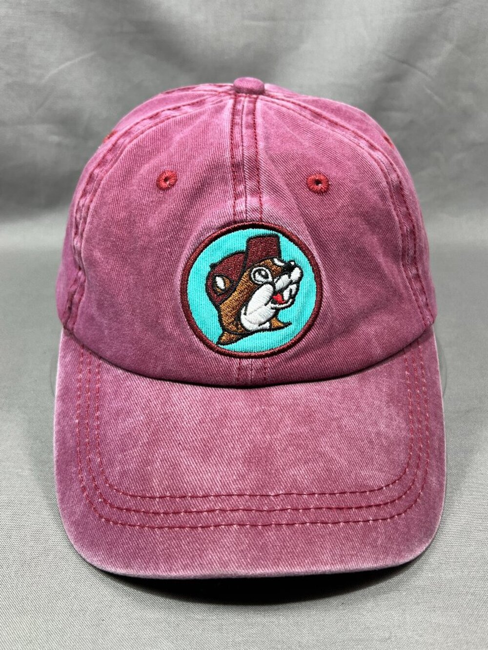 Buc ees Gas Station Beaver Hat Strapback Distressed Red Maroon Dad Cap Adult